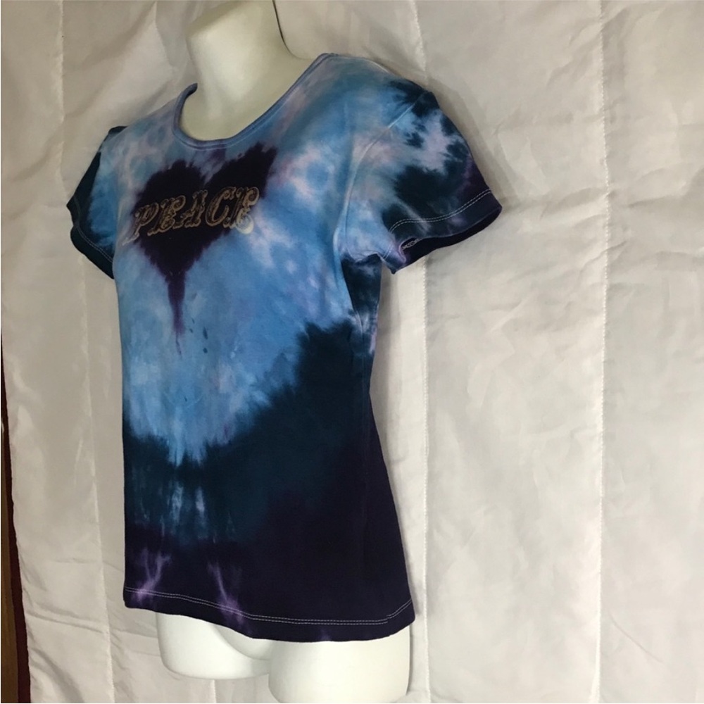Art to Wear Handmade Heart Boho 100% Cotton Violet Blue ice dyed “PEACE”tee